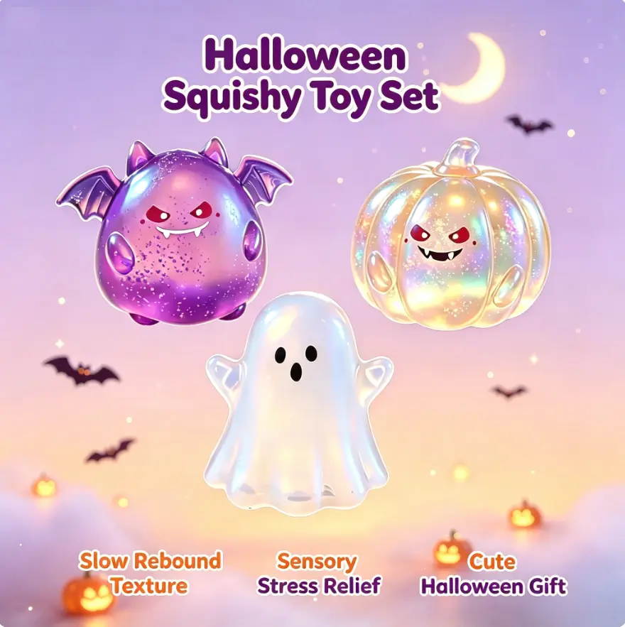 Halloween Glitter Slow Rising Squishy Toy Bat Ghost Pumpkin Stress Relief Squeeze Toy, Soft Stretchy Cute Spooky Sensory Hand Squeeze Fidget Decor