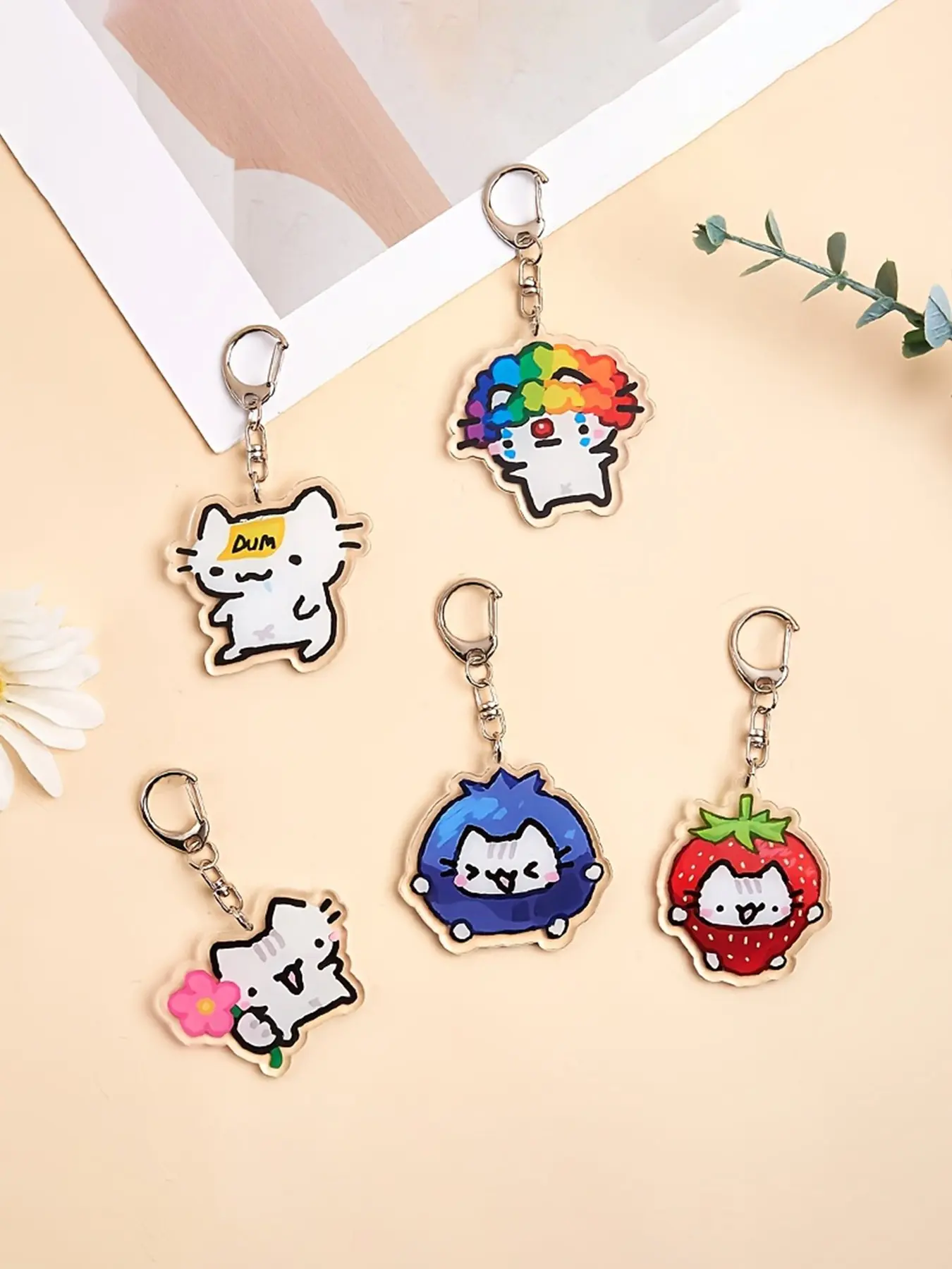 5pcs Acrylic Cute Cat Keychains Set, Keychain Kawaii, Cartoon Animal Designs, Backpack & Wallet Accessories, Perfect Gift for Weddings, Birthdays, Graduations, Cute Keychain Accessory, Animals Keychain Decor