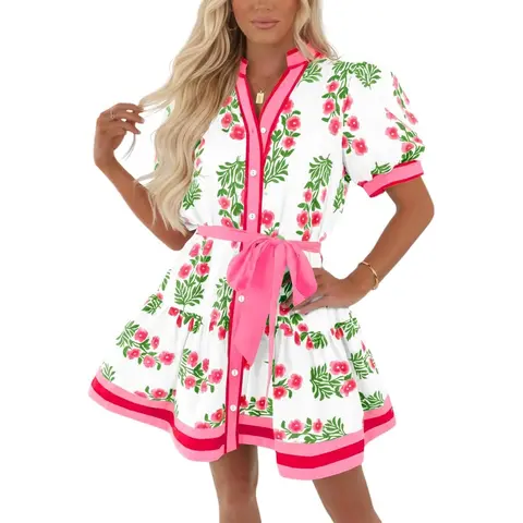 Wenrine Women's Boho Floral Casual Dress - Summer Stylish Casual Wear, Button-Down V-Neck Shortsleeve Puff Sleeves, Loose Poly-Elastane with Detachable Belt, Adjustable Beach-to-Party Womens Dresses