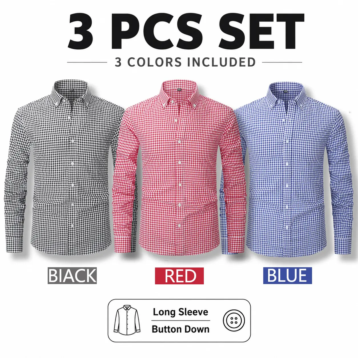 Simple walking Men's 3 Pack Gingham Button Down Shirts, Long Sleeve Casual Dress Shirts, Cotton Blend Plaid Shirts for Work, Office, Daily Wear