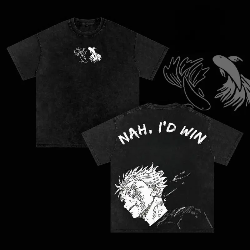 Men's Oversized Washed Crew Neck Tshirt, Vintage Anime Style Figure Print Cotton Top, Casual Otaku Streetwear, Menswear