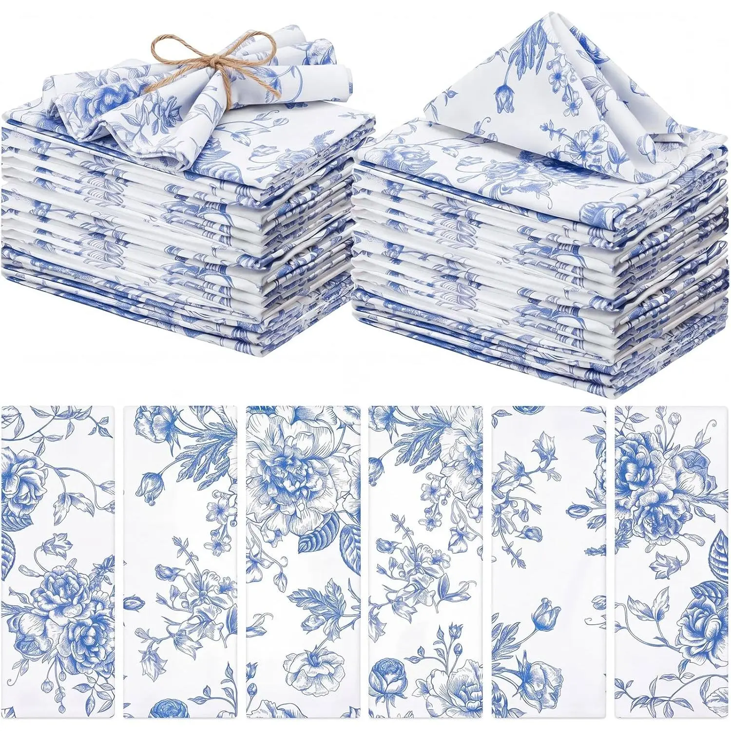 12Pcs Blue Floral Cloth Napkins 6 Styles Washable Reusable Cotton Square Napkins Spring Wildflower Decorative Napkins for Dinner Tea Party Home Party Decoration