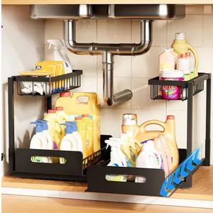 2-Tier Under Sink Slide Out Organizer, 2 Pack Pull Out Cabinet Storage Shelf with Sliding Wire Basket Drawer for Kitchen Bathroom , Countertop or Pantry Shelf,(Black, 1 Pack)