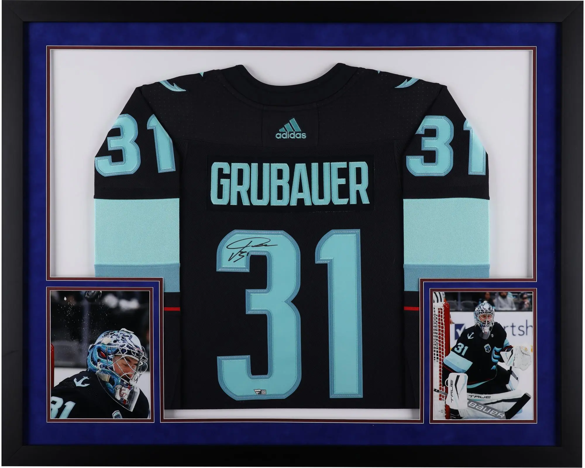 Philipp Grubauer Seattle Kraken Deluxe Framed Autographed Navy Adidas Authentic Jersey - Fanatics Authentic Certified