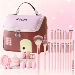 Makeup Brush Tool Set Combination, All-In-One Beauty Tools Kit, Makeup Brushes + Sponge Puff + Powder Pad + Washing Bowl + Storage Bag, Makeup Cleaning Tool