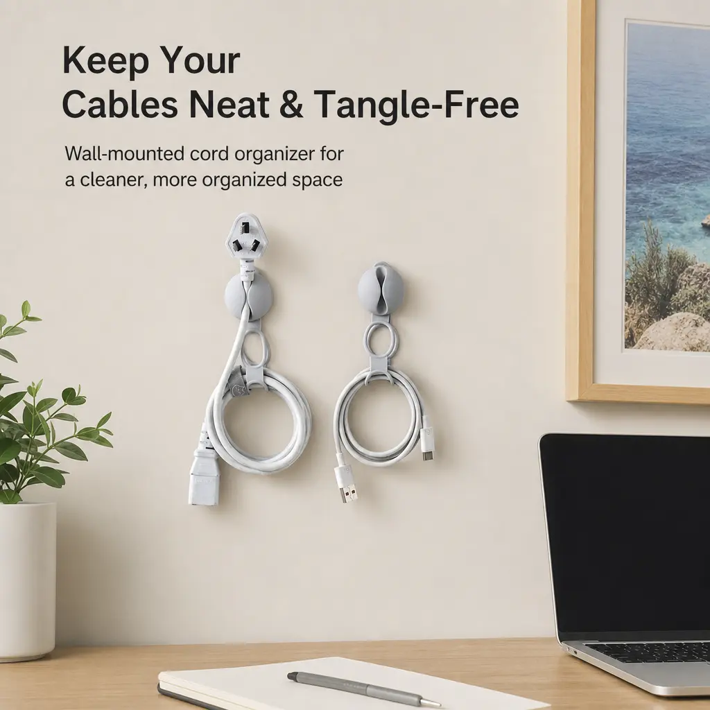 1 Count, Wall Mounted Cord Organizer High Elastic Silicone Cable Holder for Tidying Power Plugs and Charging Cables in Home Kitchen and Office Spaces