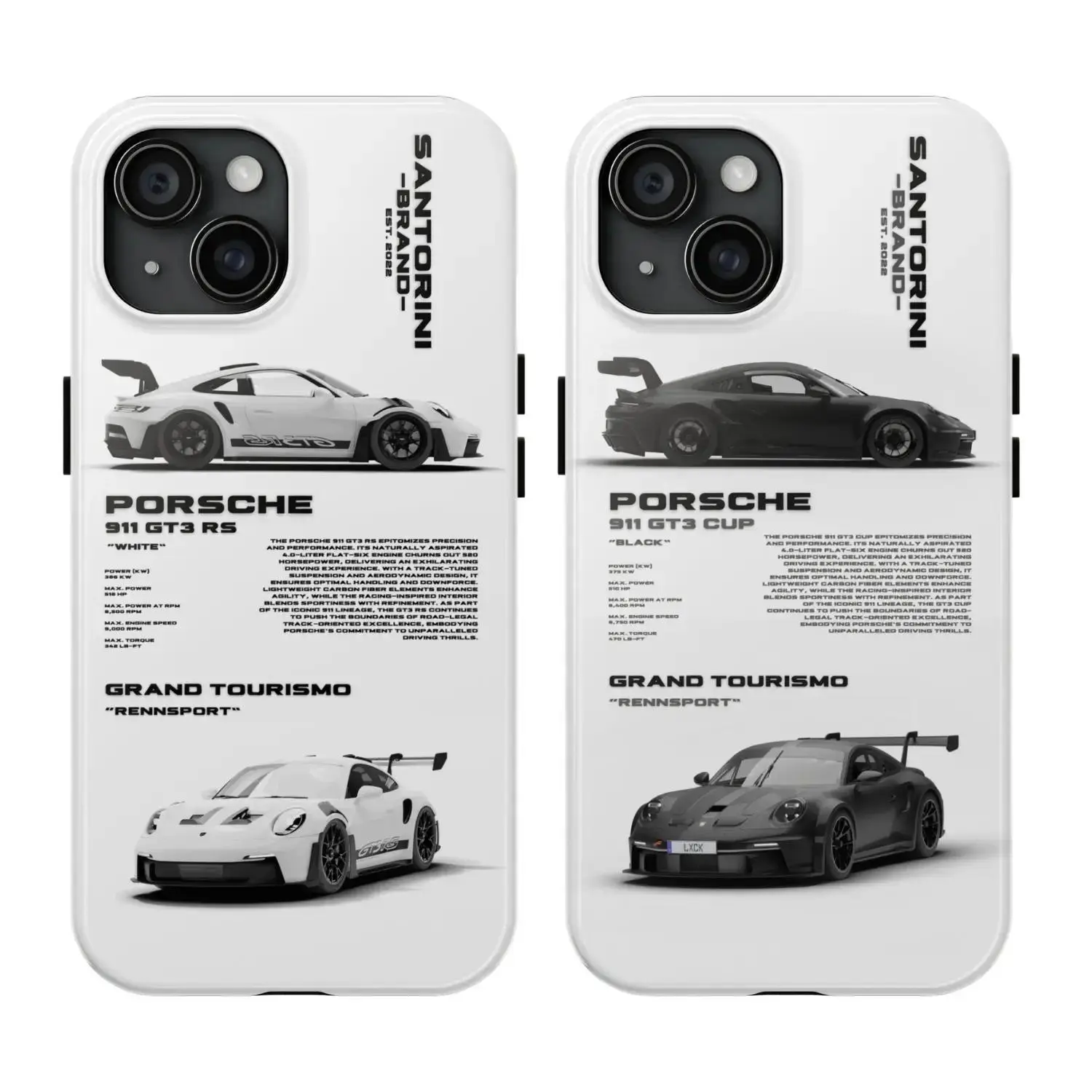 Porsche 911 GT3 RS Couple Phone Case, black and white color scheme, unisex Porsche phone case, compatible with iPhone 17/16/15/14/13/12/11 Pro Max/Plus and Samsung Galaxy S23FE/22/23/24/25, a supercar gift for car enthusiasts.