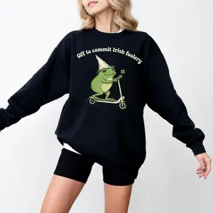 St Patricks Day Frog Shirt Off To Commit Irish Foolery Tee Funny Frog Scooter Saint Patricks Four Leaf Clover St Paddys Day, Unisex Sweater Pullover Tee
