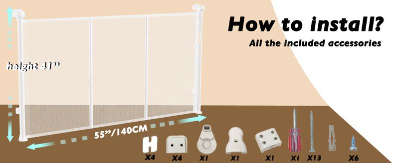 Retractable Baby Gates for Stairs, 55" Wide Baby Gate Dog Gate, 41" Tall Retractable Pet Gate for Doorways, Child Safety Gates Mesh Gate with Fiberglass Rods for Stairways, Hallways, Indoor/Outdoor