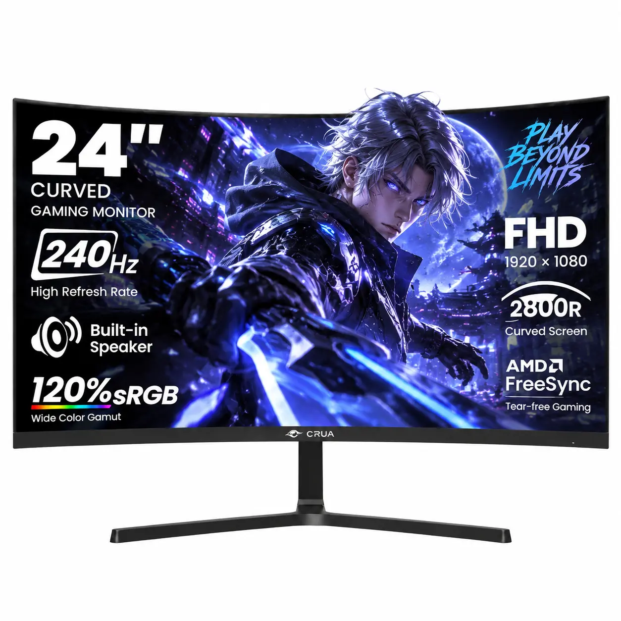 CRUA 24" Curved Gaming Monitor, 240Hz FHD 1080P Monitor, 2800R Curved Screen, FreeSync, Built-in Speakers, 1ms Gaming Monitor for PC & Laptop