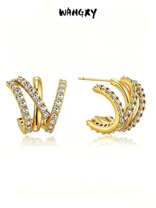 WANGXY Triple Hoop Illusion Stud Earring for Women 14K Gold Plated Claw Set With Cubic Zirconia Triple Arc Earrings