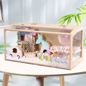 23.6 inch Wooden Hamster Cage, Large Habitat, Openable Top, Transparent Acrylic for Interior View, Ventilated, Easy to Clean, for Syrian Hamster, Dwarf Hamster, Gerbil, Other Small Pet Animals