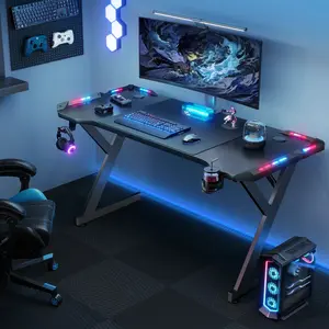 Home Office Gamer Desk, Ergonomic Computer Table With Large Carbon Fiber Desktop, Office Workstation With Mouse Pad, Cup Holder & Headphone Hook, Black