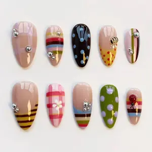 Summer nails/Y2K Cute Nails/Rainbow striped nails/press on nails long almond nails/Garden nails/3D Nails/Polka dot nails/Birthday nails