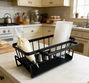 Easter Decor Black Metal Dish Drying Rack - Space Saving Multifunctional Countertop Organizer with Utensil Storage for Plates, Bowls & Fruits