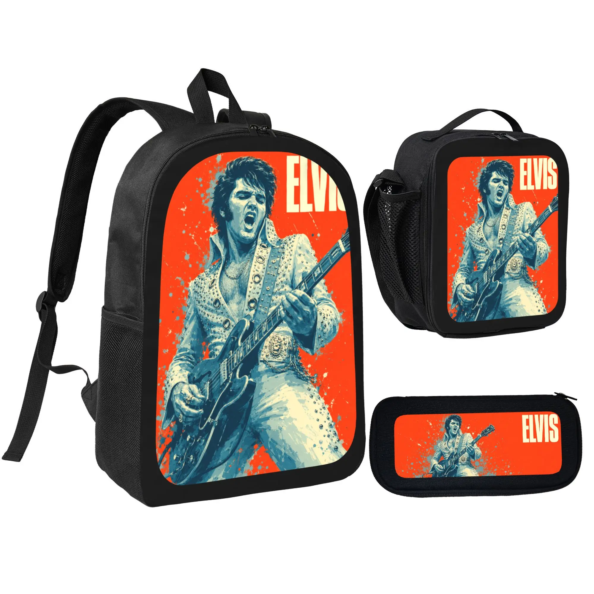 Vintage Rock Singer Backpack Set 600D Oxford Cloth 3 In 1 School Bag Lunch Box Pencil Case Retro Guitar Music Artist Print School Supplies For Teen Rock Music Fans