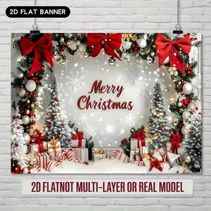 1pc 2D Flat A Two-Dimensional Festive Banner for Christmas Featuring a Polyester Backdrop with Snowy Scenery, Adorned with a Red Christmas Hat And Holiday Decorations. Ideal for Homes, Rooms, Or White