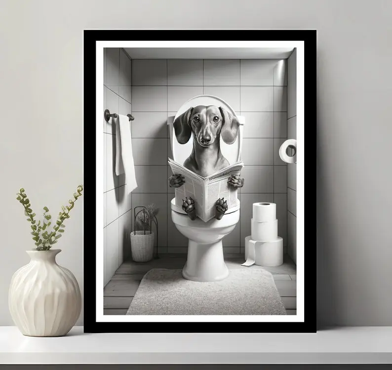 Dachshund Wall Art, Funny Bathroom Decor, Dachshund Dog in Toilet, Animal in toilet, Petshop Art, Dog Art, Dachshund Gift  - No Frame