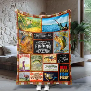 Gone Fishing Theme Patchwork Blanket, Outdoor Fishing Fun Throw Blanket, Bedroom Sofa Warm Blanket, All Seasons