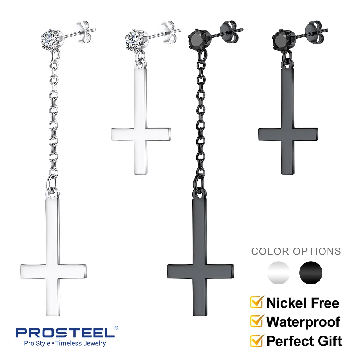 PROSTEEL Upside Down Cross Earrings Stainless Steel Satanic Jewelry Inverted Cross Earring Jewelry Unisex For Men Women with Gift Box