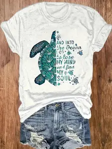 White Sea Turtle And Ocean Quote T-Shirt |   Teal Sea Turtle Print Featuring a Hawaiian Style Slogan, Stretchy/ Casual Crew Neck Short Sleeve Top, Perfect for Beachwear And Marine Life Outfits (Machine Washable)