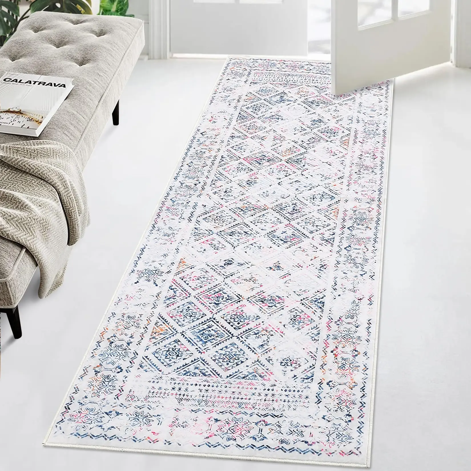 【GARVEE】Explore Washable Rugs Collection: Boho & Moroccan Styles for Living Room & Bedroom. Available in Sizes 2x6 to 9x12 and Colors Beige, Blue, Grey, Multi. Features Distressed, Non-Slip, Low Pile, Stain Resistant, Soft Materials.