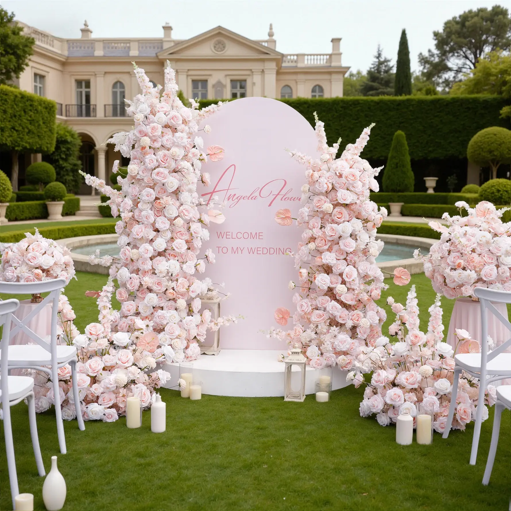A9007 2-Piece Pink Silk Rose Palm Artificial Flower Decor, KT Board Photo Prop Ornaments for Event Table Centerpieces