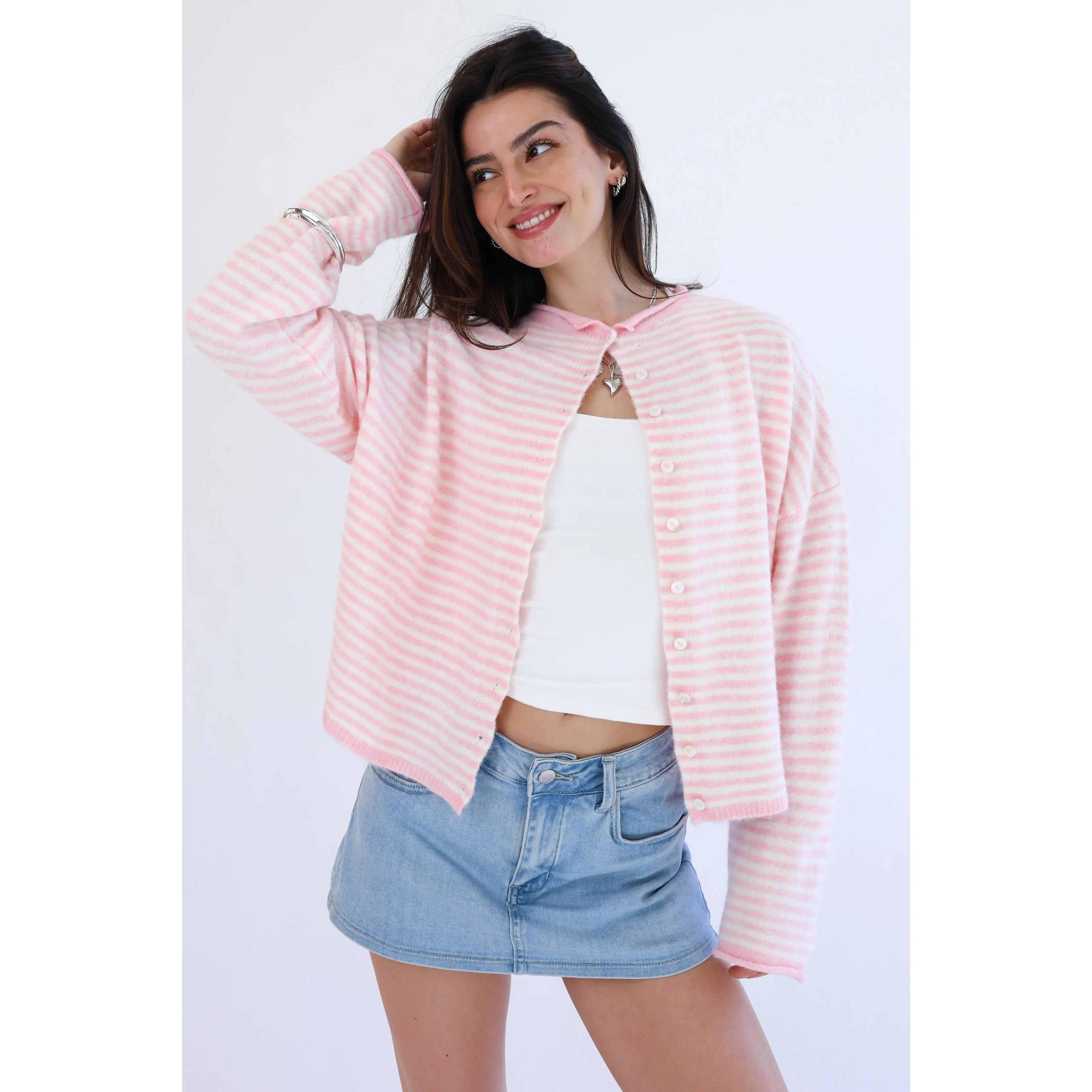 Phoebe Striped Knitwear Cardigan, Recycled Blend Long Sleeve Button-Down Sweater for Women, Pink and White, Small Size, Button Closure, Casual Wear