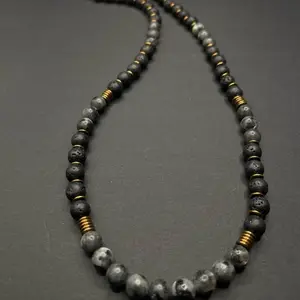Gray Jasper & Lava Stone Necklace for Men 8mm Beaded with Bronze Accents 24 inches Natural Stone Jewelry