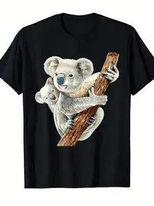 Cute Koala Bear and Baby Realistic Watercolor T-ShirtSame style for men and women  summer short-sleeved printed T-shirt pure cotton 220G Casual Wear Unisex Apparel Artistic Tshirt Watercolor Design Lightweight Fabric Soft Cotton Shirt