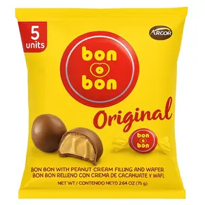 Bon Original Peanut Cream Filled Chocolate Bonbons 5 Units Creamy Peanut Center, Smooth Chocolate Coating, Individually Wrapped Candy, Imported Snack Treat (Original)