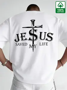 Men's Jesus Saved My Life Minimalist T-Shirt, 100% Cotton Casual Faith Streetwear Top, Slim-Fitting Long Sleeve Tee