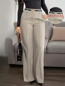 Elegant Chic Women's Casual Wide Leg Pants Without Belt, Fitted Design in Solid Color, Long Length Trousers for Comfortable Style