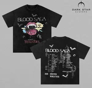 Enhypen Blood Saga World Tour 2026 Vintage Washed T-Shirt Kpop Concert Graphic Tee Double Sided Vampire Aesthetic Shirt Seoul Tokyo Macau Tour Dates Acid Wash Oversized Streetwear Unisex Fan Gift Summer Outfit
