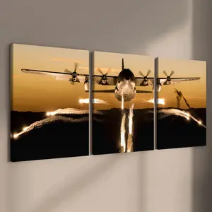 3 Counts Wooden Framed Canvas, Cool Sunset Airplane Combat Scene Images, Exquisite Poster, Perfect Living Room Decoration, Modern Art, Fashion Family Poster, Wall Art Decoration, Waterproof Art