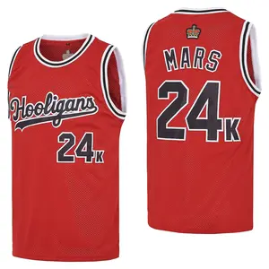 Boyfriend Style Men's Mars No.24K Hooligans Red Basketball Jersey Fully Short Sports Shirt for Active Wear