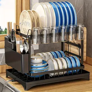 Multifunctional Carbon Steel Bowl Plate Rack with Drain Board, 2-Layer Drying Rack, Kitchen Storage Solution, Space Saving