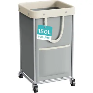 JYPS Laundry Basket With Wheels, 150L Large Rolling Hamper W/Frame & Removable Bag, Waterproof, 2 Side Bags, Dirty Clothes Cart For Laundry Room, Dorm, Bedroom,