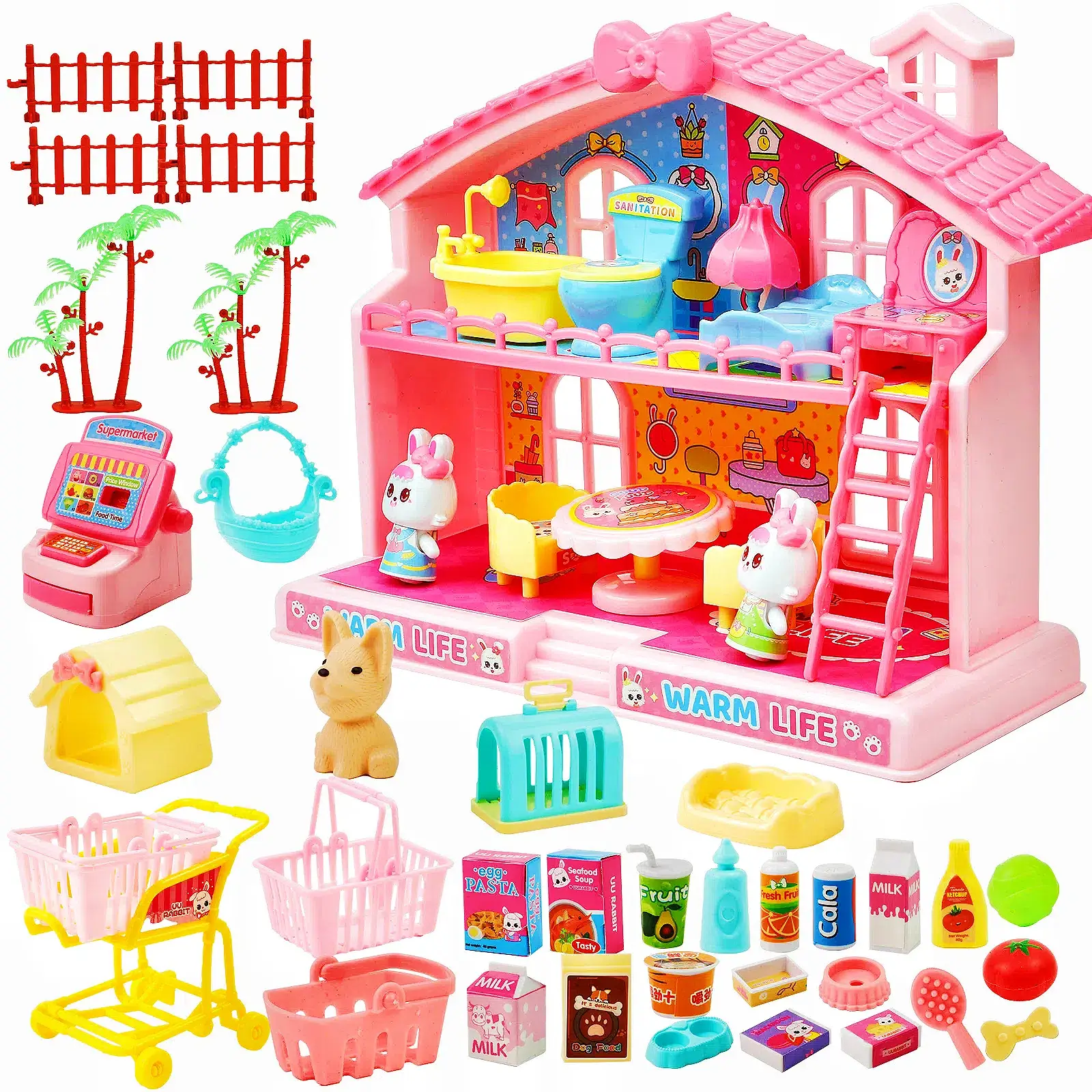 Mini Playhouse Toy for Girls Figure House Playset with Doll and Furniture Accessories Realistic Play Food & Party Fruits Durable Safe Materials Portab