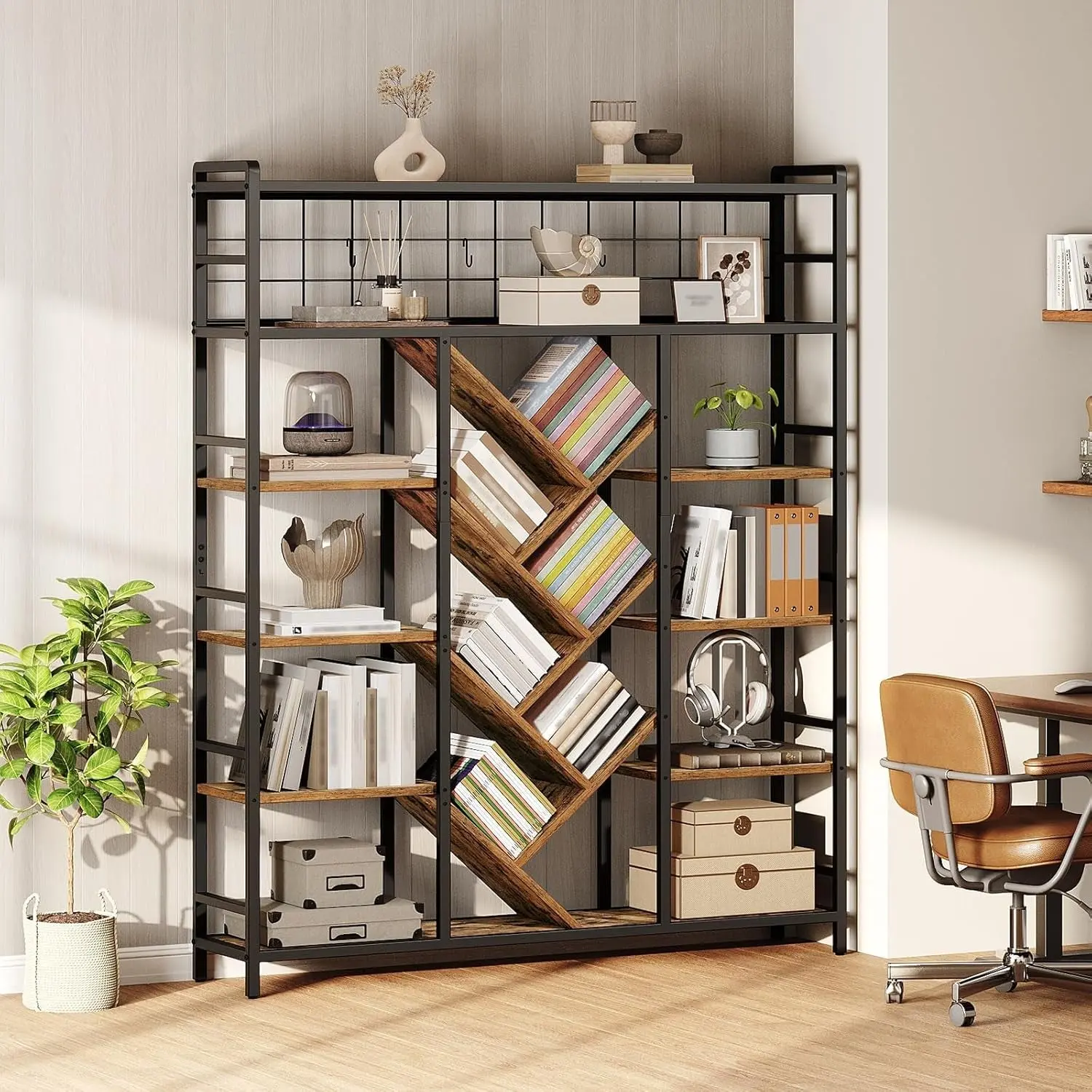 Industrial 6-Tier Triple-Wide Bookcase with Metal Frame, Adjustable Ft, Anti-Tips Feature, and Grid Area, Adjustable Feet