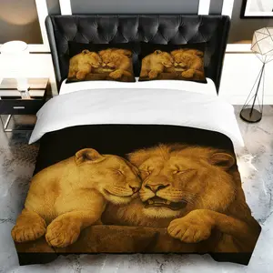 3PCS Duvet Cover Set, 1 Duvet+2 Pillowcases(Without filler), Lion Wildlife Safari Nature Animal Jungle theme, Non-Festival bedding set, King Queen Bedroom Home Decor Living Room Suitable for decoration Hotel Room Reading Nook Studio Apartment.
