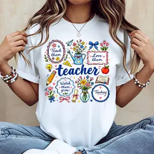 Floral Teacher Theme Print T Shirt Women Casual Short Sleeve Top For Teachers Day Gift Wearable Art Design
