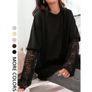 Women's Casual Everyday Oversized T-Shirt with Lace Patchwork, Solid Long-Sleeve Crew Neck Fake Two-Piece Design, Lightweight, Soft and Stretchy with a Vintage Look, for Women's Daily Wear, Streetwear, Music Festivals and Womenswear