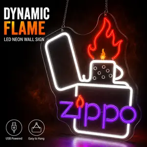 Dynamic Flame Lighter Neon Sign, USB Powered LED Flame Neon Wall Light, Classic Flip Lighter Style Room Decor for Man Cave, Garage, Bar, Gaming Room, Bedroom, Party Gift