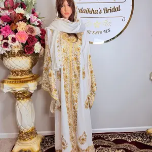 Embroidered Crystal Nikah Eid Kaftan Dress – White Gold Luxury Party Wear