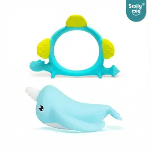 Baby Teething Toys Set Dinosaur & Narwhal Silicone Teether for Infants 3M+ BPA Free Easy Grip Chew Toy & Bath Toy for Sore Gums Relief