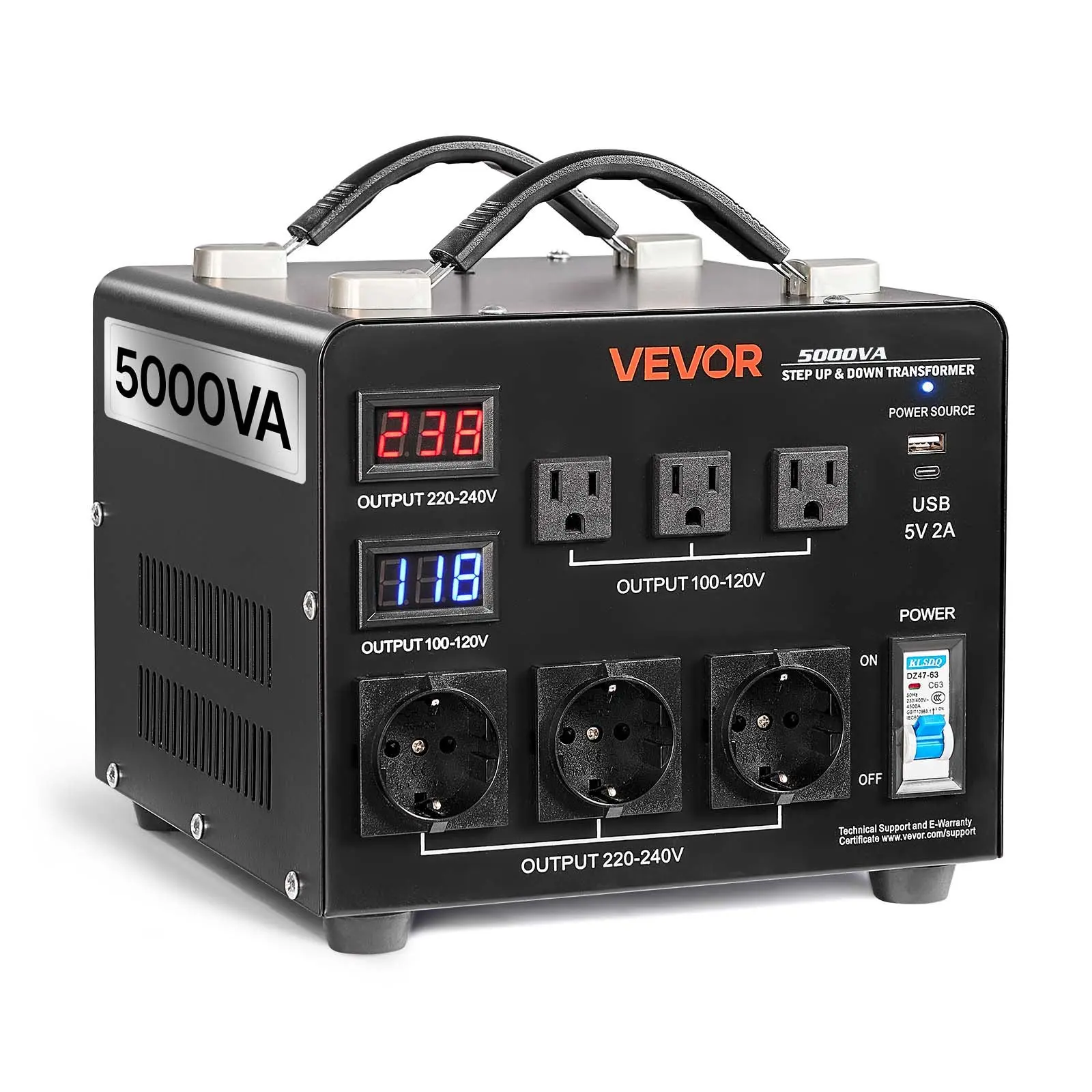 VEVOR Heavy Duty 5000VA Auto Voltage Converter Transformer - AC 110V to 220V Step Up/Down AC Power Supply, 3 US Outlets, 3 EU Outlets, LCD Display, Circuit Breaker, Overload Protection, Metal Housing, Sturdy Handle, 1x USB Output, 1X Type-C Output