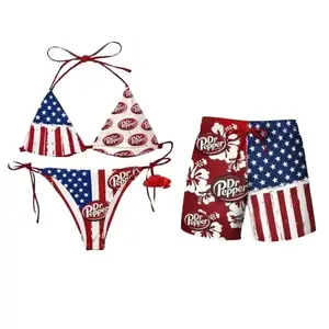 Couple USA Flag Inspired Bikini & Men’s Sports Mesh Shorts Set – Pepper Drinking Matching Outfit, Red White Blue Summer Beachwear, Patriotic Couple Matching Swimsuits