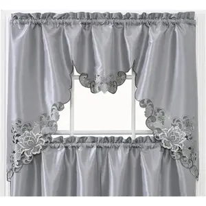Passionate Bloom Kitchen Curtain Swag Valance and Tier Set Nice Embroidery on Faux Silk Fabric with cutworks ( Grey)