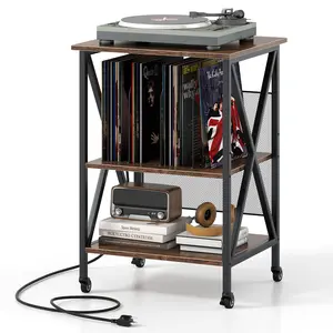 COSTWAY - 3-Tier Record Player Stand with Charging Station and Adjustable Shelf-Coffee